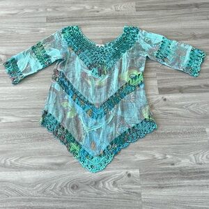 Adore Sheer Tunic XL Turquoise Boho Crochet Trim Sharkbite Hem Cover Up